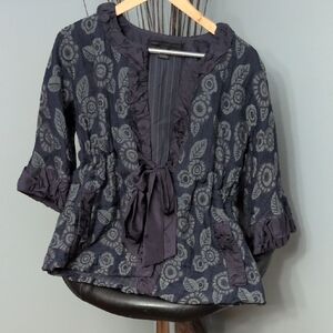 Marc By Marc Jacobs Striped Floral Ruffle Double Tie Jacket in Dark Gray & Navy